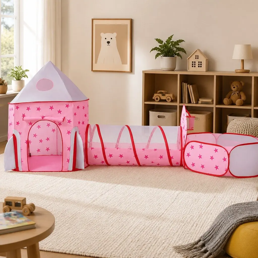 3-in-1 Kids Play Tent with Basketball Hoop Crawl Tunnel and Ball Pit Pink