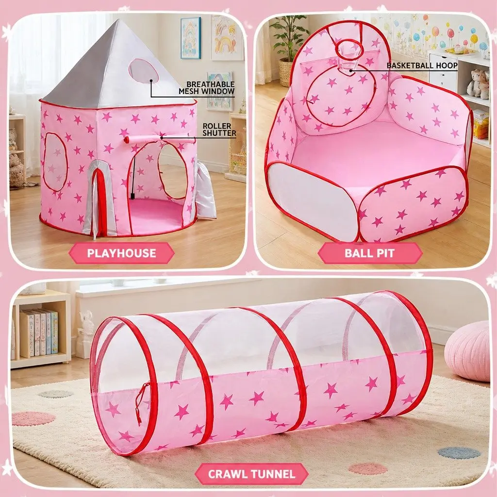 3-in-1 Kids Play Tent with Basketball Hoop Crawl Tunnel and Ball Pit Pink