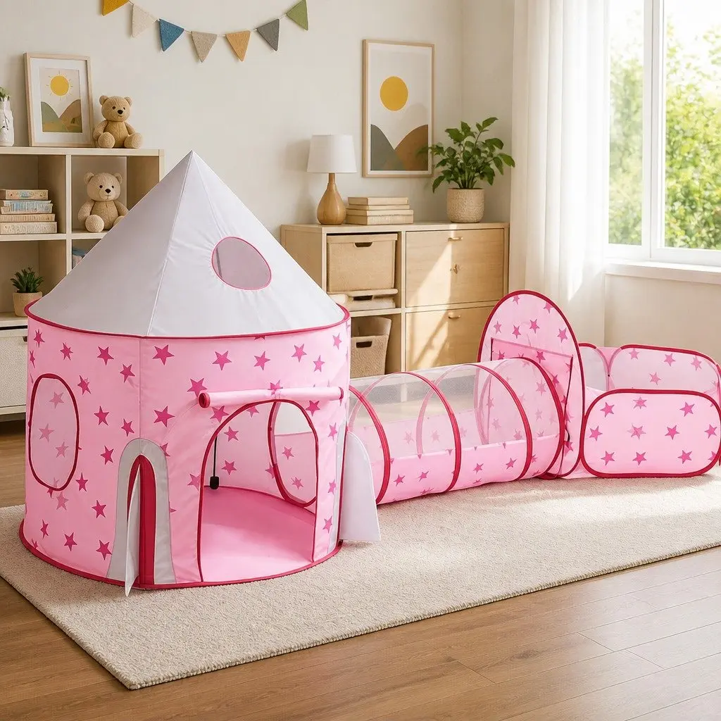 3-in-1 Kids Play Tent with Basketball Hoop Crawl Tunnel and Ball Pit Pink