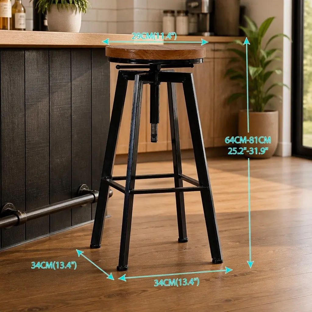 Industrial Bar Stools Adjustable Height Swivel Seat Retro Style Wooden Metal 2 Piece