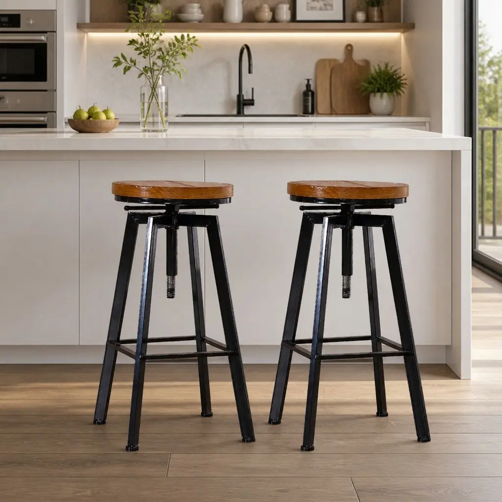 Industrial Bar Stools Adjustable Height Swivel Seat Retro Style Wooden Metal 2 Piece