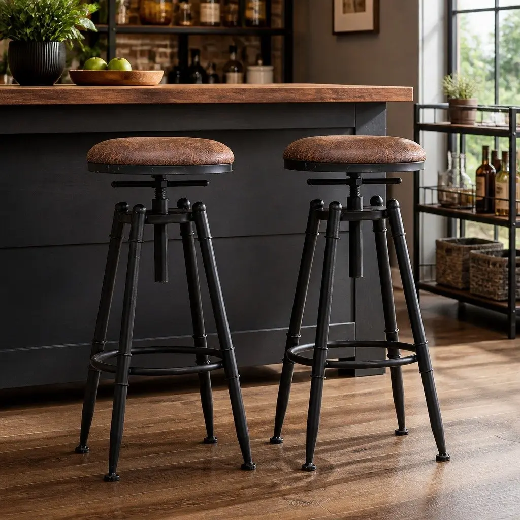 Industrial Bar Stools Set of 2 Kitchen Counter Height Adjustable Swivel Seat