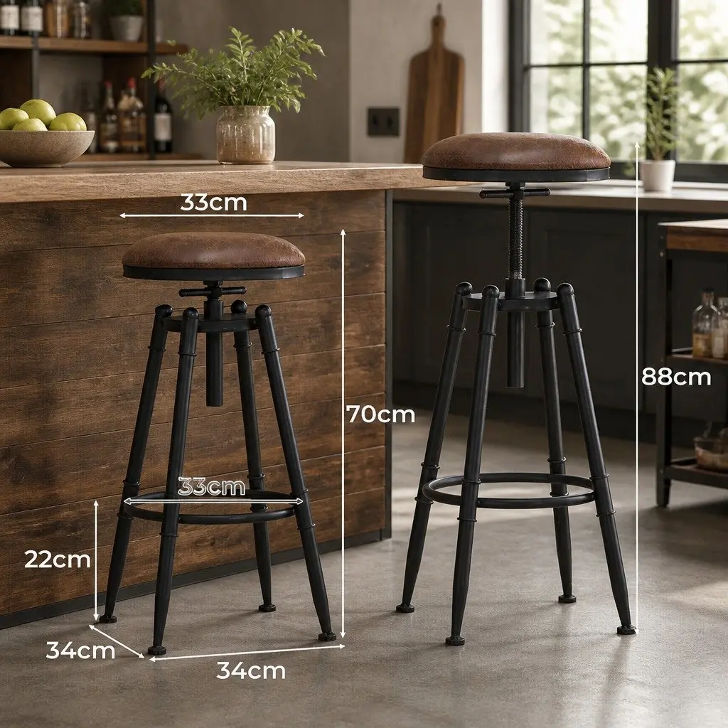 Industrial Bar Stools Set of 2 Kitchen Counter Height Adjustable Swivel Seat