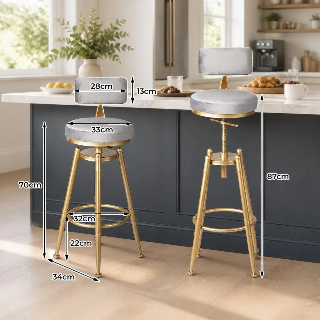 Bar Stools Adjustable Swivel Velvet Seat Counter Height 33cm W x 33cm D x 70-87cm H