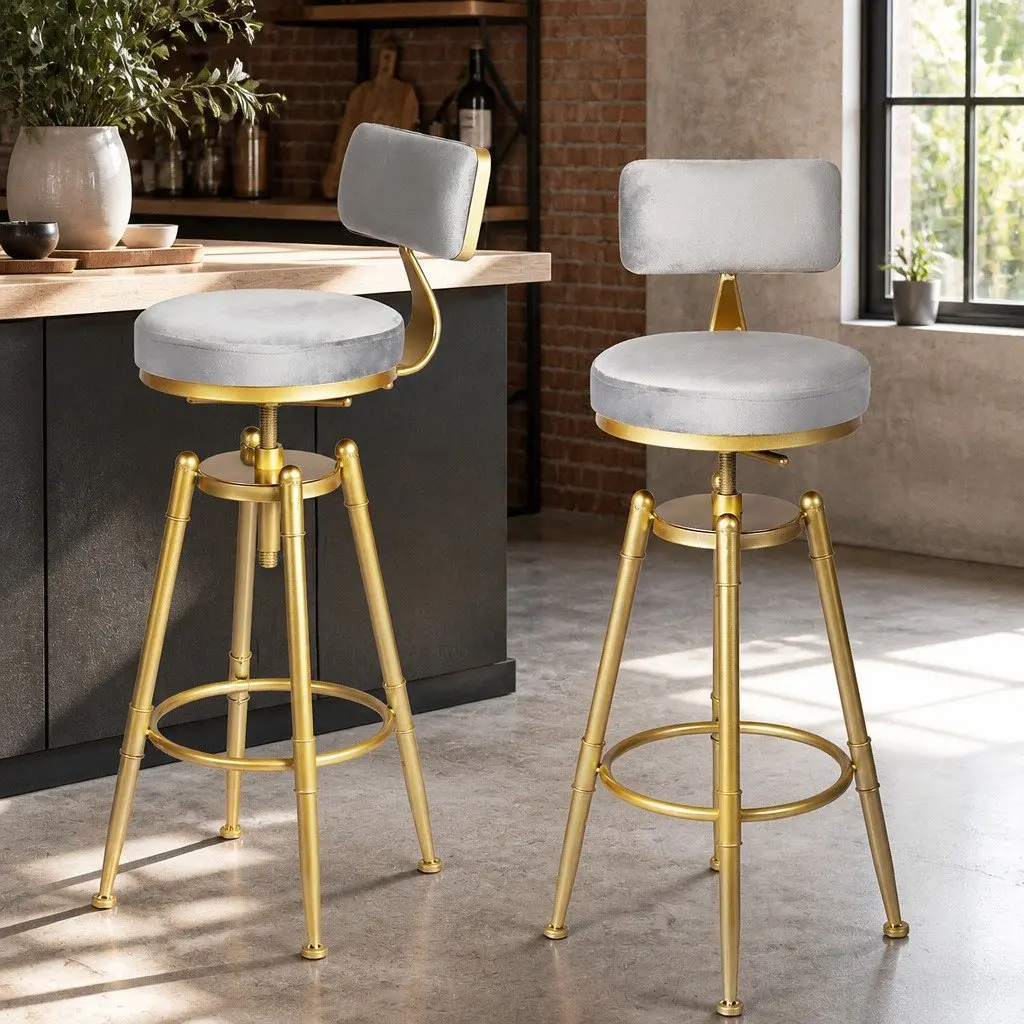 Bar Stools Adjustable Swivel Velvet Seat Counter Height 33cm W x 33cm D x 70-87cm H