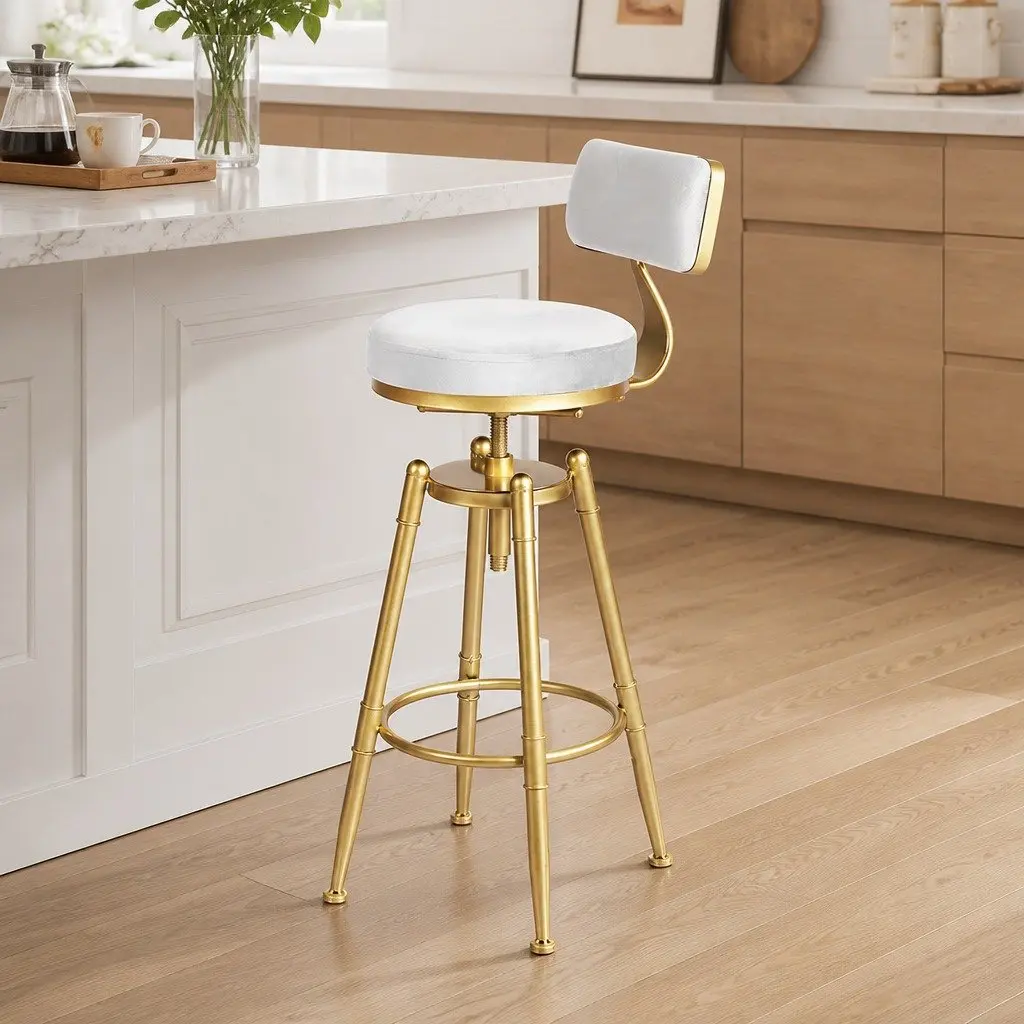 Bar Stools Swivel Adjustable Height Velvet Upholstery White 2 Piece