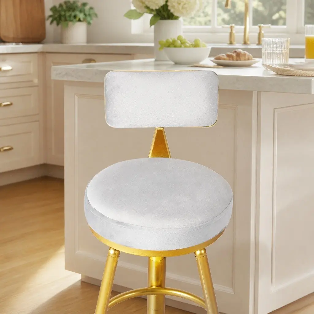 Bar Stools Swivel Adjustable Height Velvet Upholstery White 2 Piece