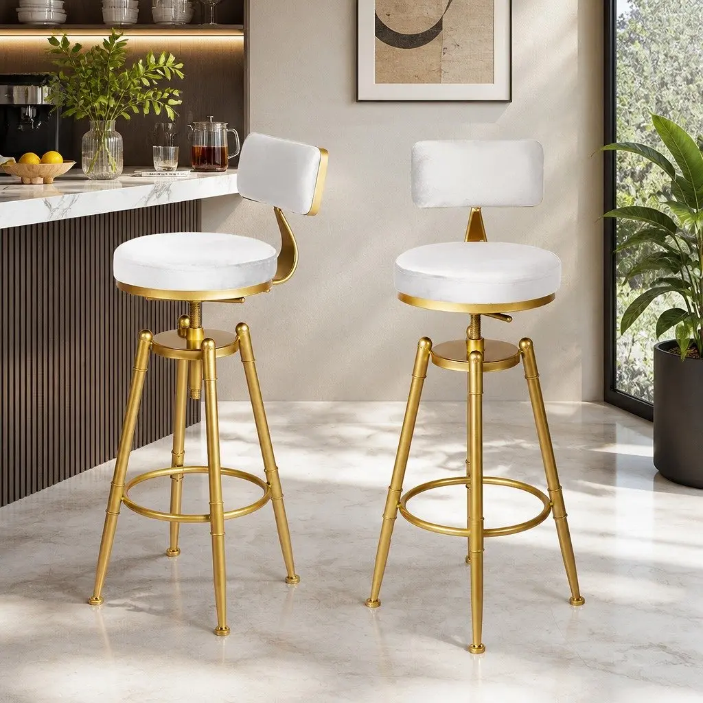 Bar Stools Swivel Adjustable Height Velvet Upholstery White 2 Piece