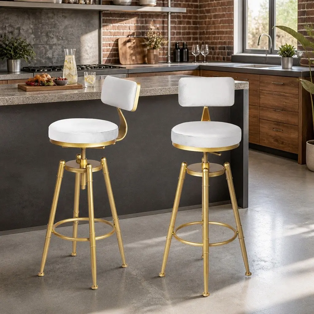 Bar Stools Swivel Adjustable Height Velvet Upholstery White 2 Piece