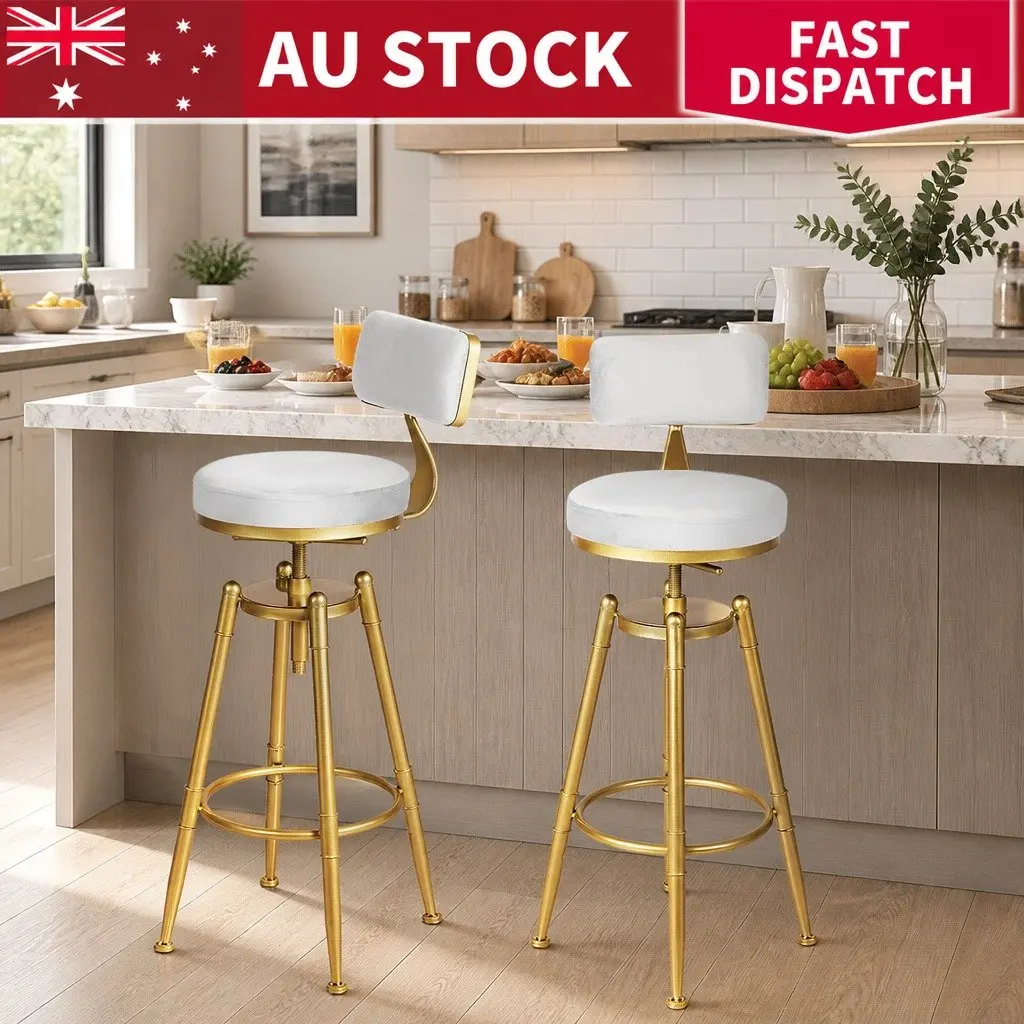 Bar Stools Swivel Adjustable Height Velvet Upholstery White 2 Piece