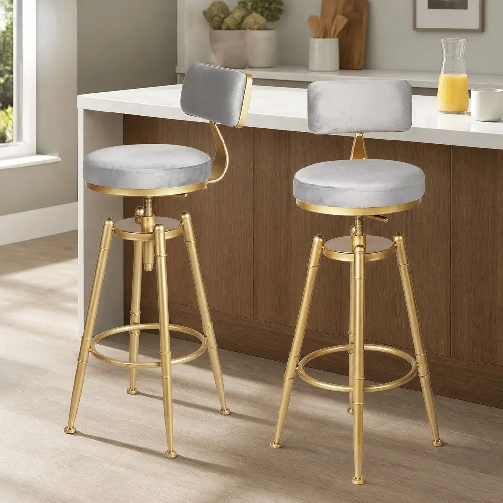 Bar Stools Kitchen Counter Height Swivel Chair Adjustable Grey Velvet Seat