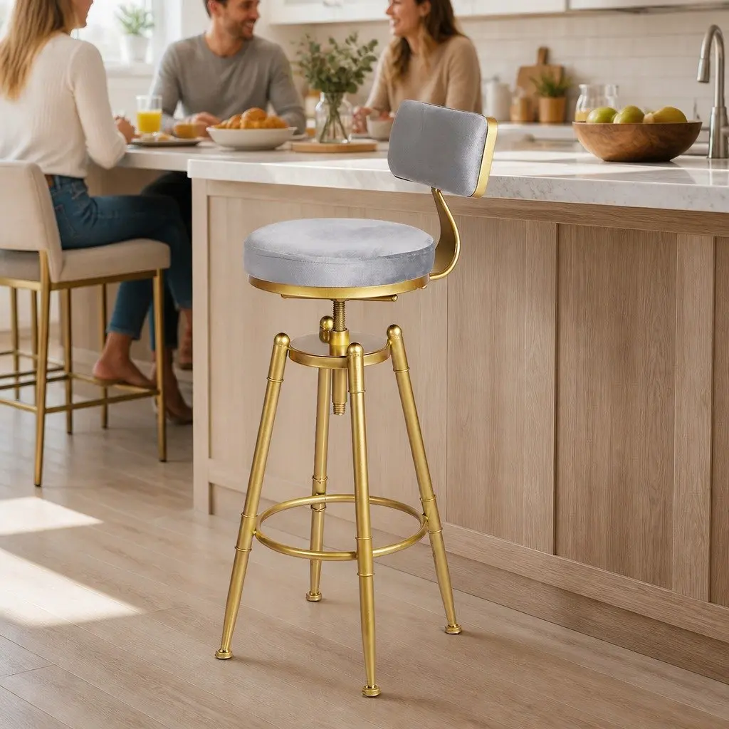 Bar Stools Kitchen Counter Height Swivel Chair Adjustable Grey Velvet Seat