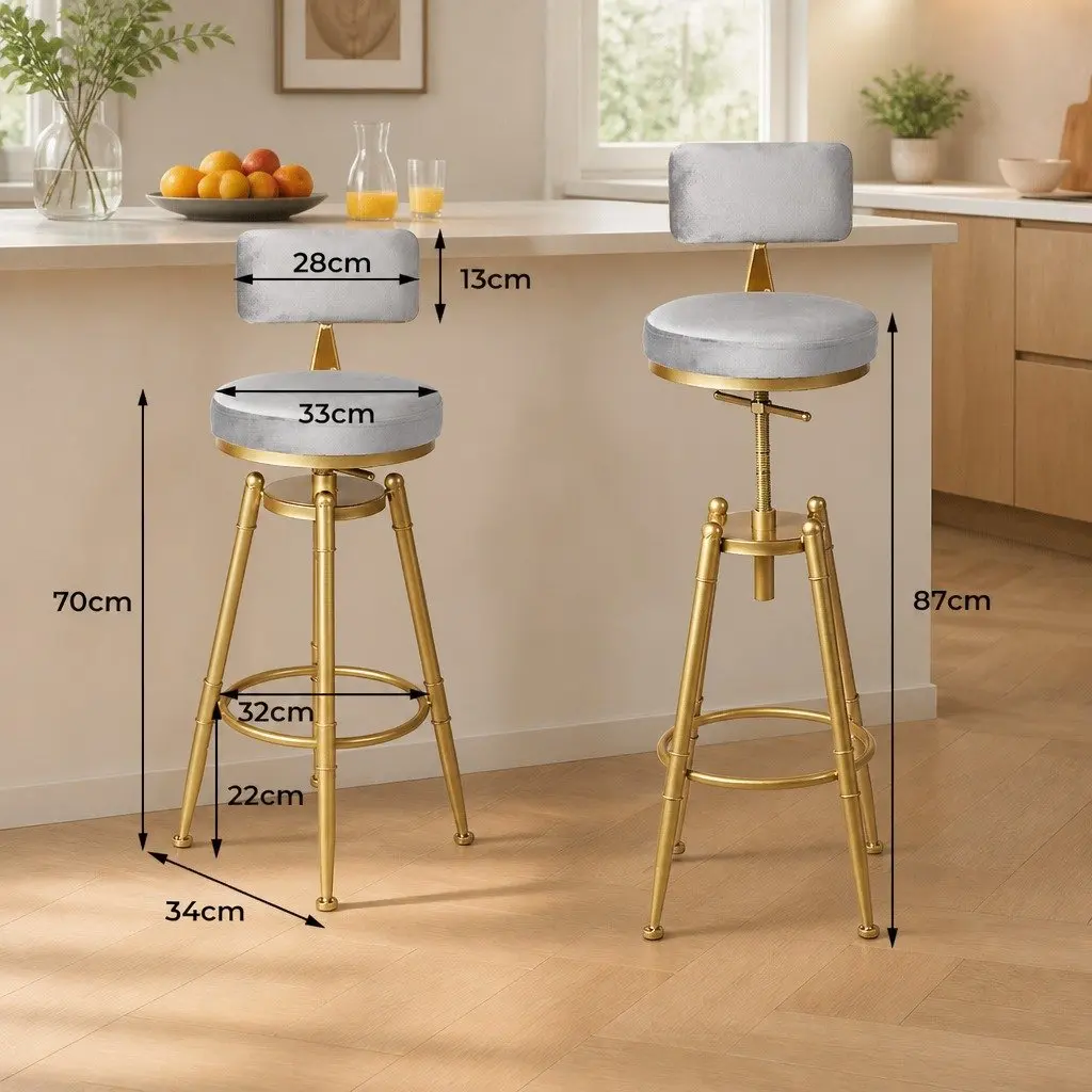 Bar Stools Kitchen Counter Height Swivel Chair Adjustable Grey Velvet Seat