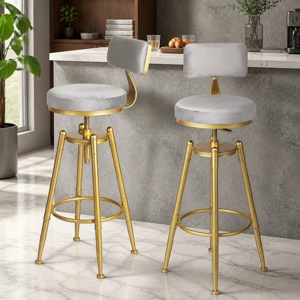 Bar Stools Kitchen Counter Height Swivel Chair Adjustable Grey Velvet Seat