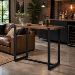 High Bar Table Industrial Pub Solid Pine Wood Tabletop Steel Frame Standing Desk