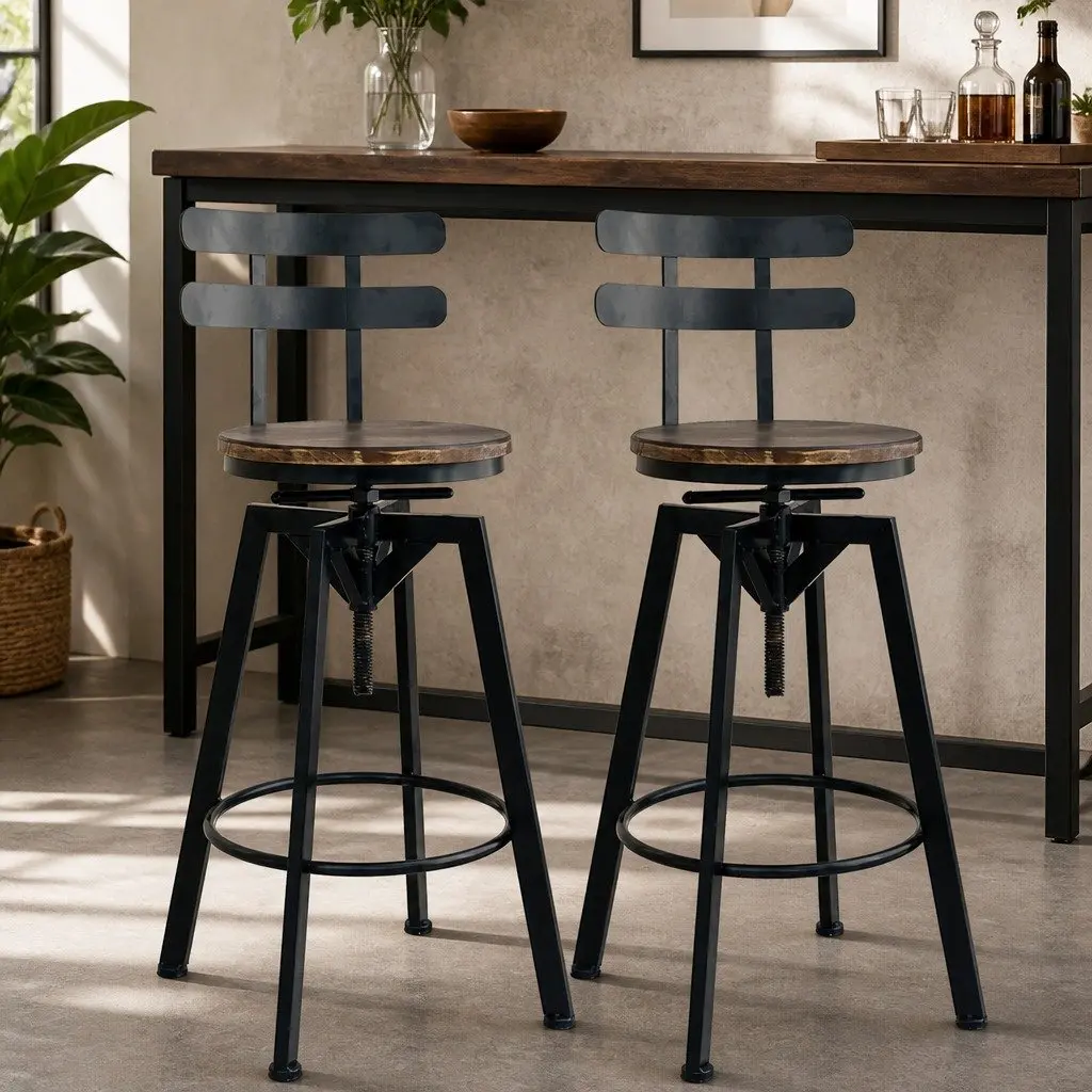 Industrial Bar Stool Adjustable Height 360 Swivel Metal Frame Kitchen Counter