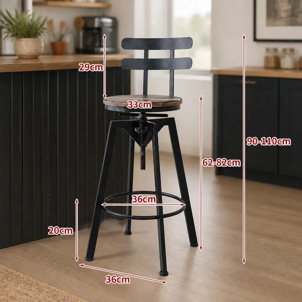 Industrial Bar Stool Adjustable Height 360 Swivel Pine Wood 4 Piece Set