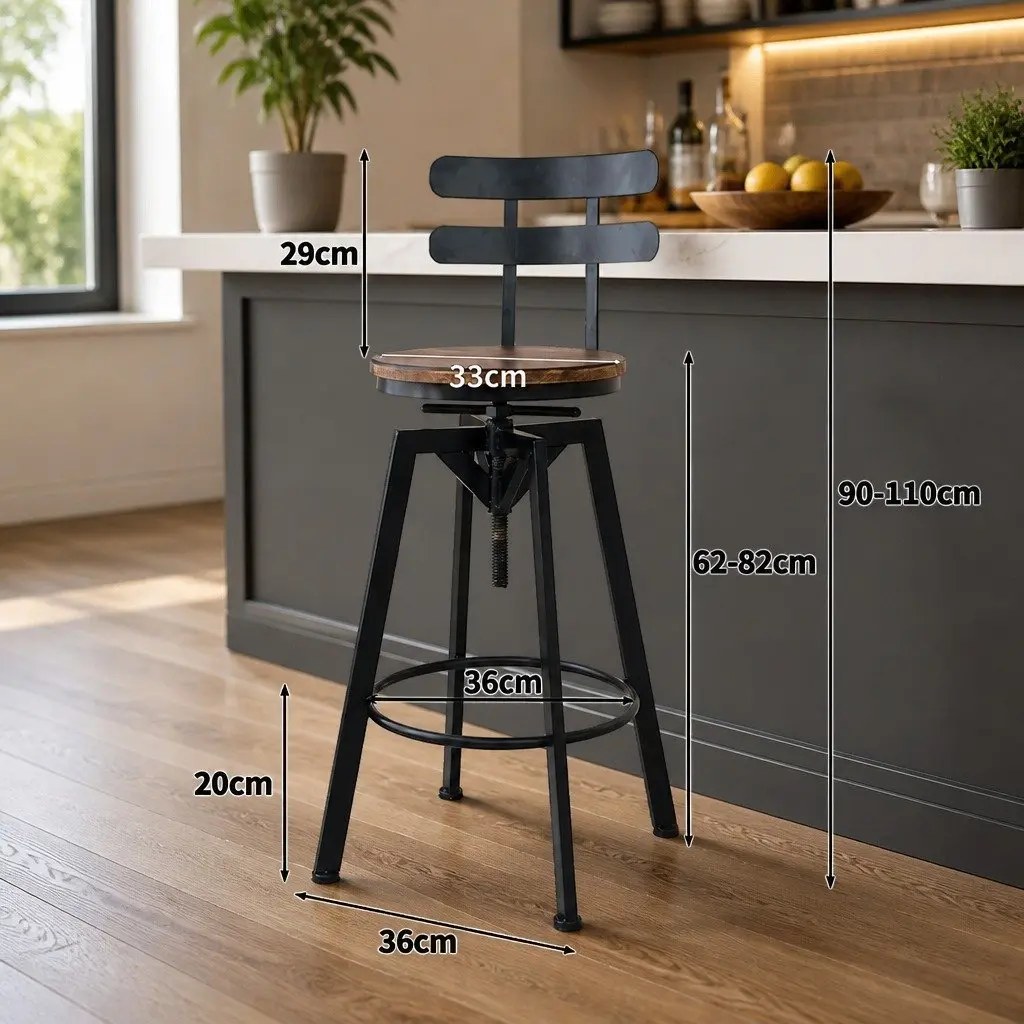 Bar Stool Industrial Adjustable Height Swivel Wooden Frame 36cm W x 36cm D x 90–110cm H