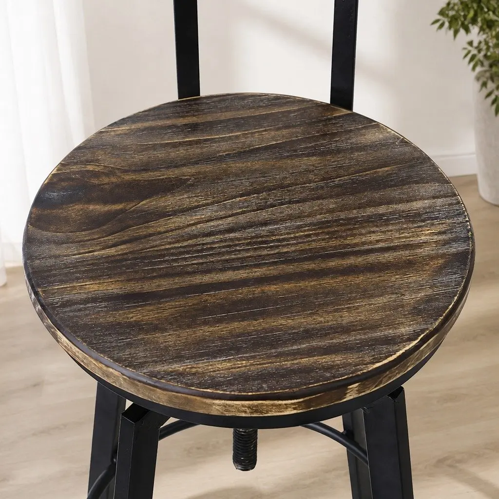 Bar Stool Industrial Adjustable Height Swivel Wooden Frame 36cm W x 36cm D x 90–110cm H