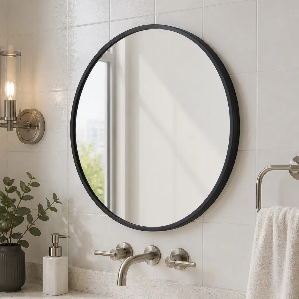 Round Wall Mirror X-Large Bathroom Makeup Home Living Room Decor Black