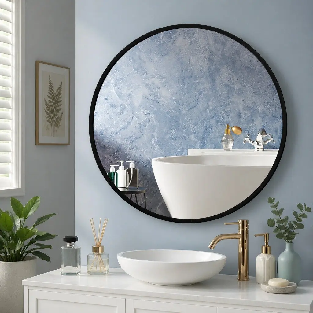 Round Wall Mirror X-Large Bathroom Makeup Home Living Room Decor Black