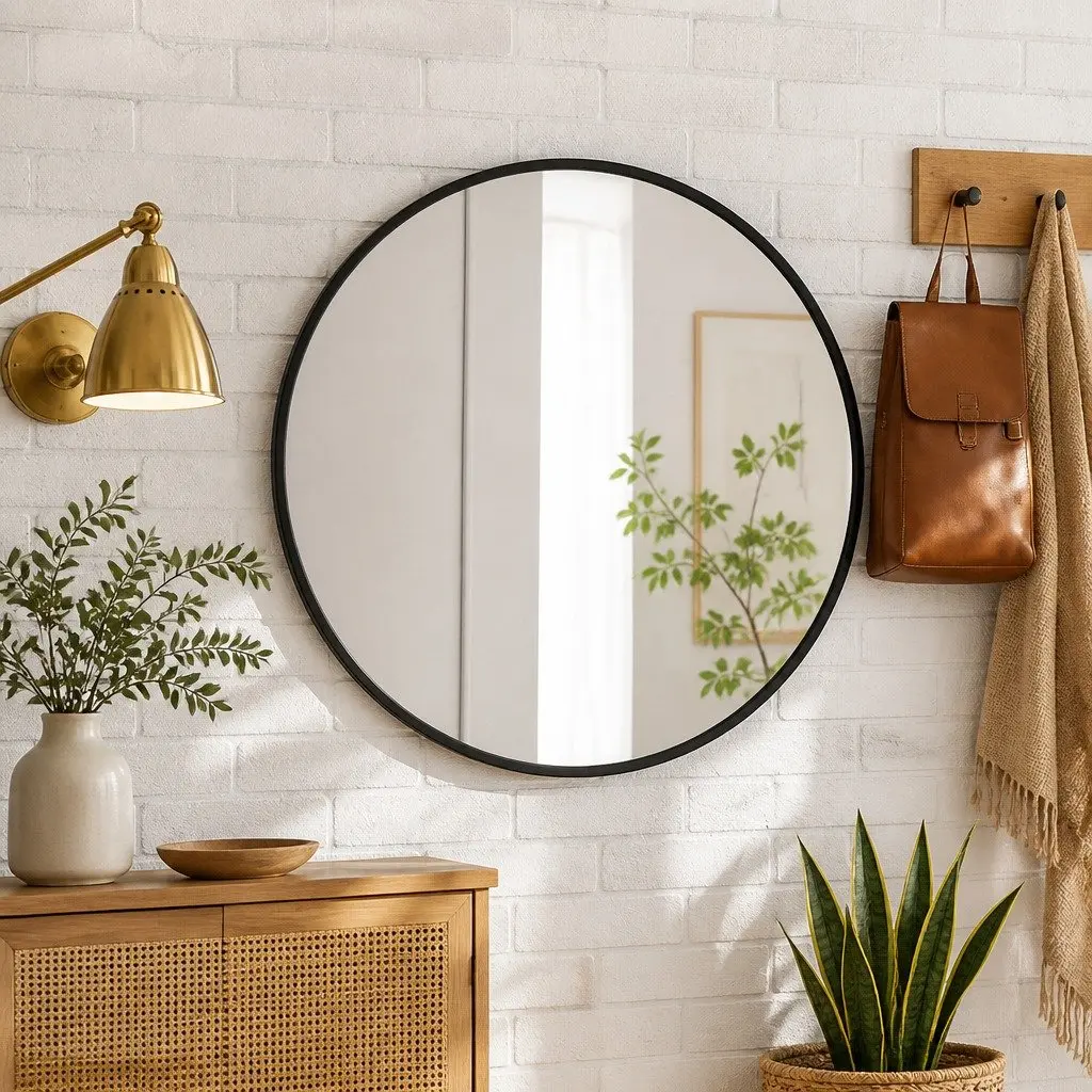 Round Wall Mirror X-Large Bathroom Makeup Home Living Room Decor Black