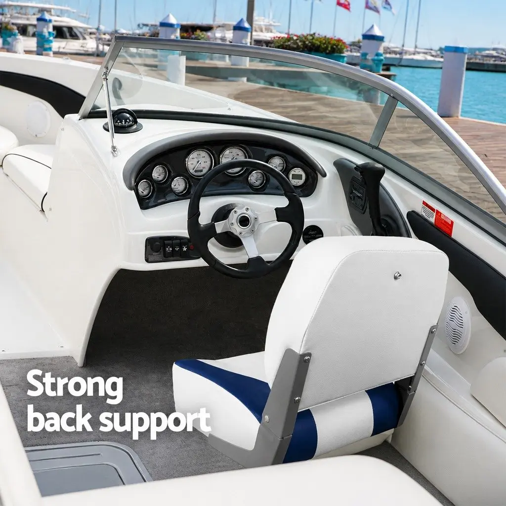 Folding Boat Seat Swivel Low Back Padded White Blue Water Resistant 2 Piece