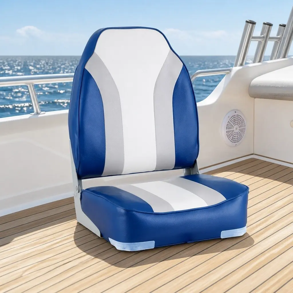 Folding Boat Seats 2X Marine Swivel High Back 12cm Padding Grey Blue