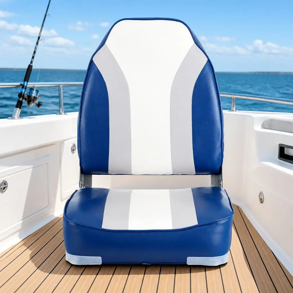 Folding Marine Boat Seats 2 Pack High Back with 12cm Foam Padding Grey Blue