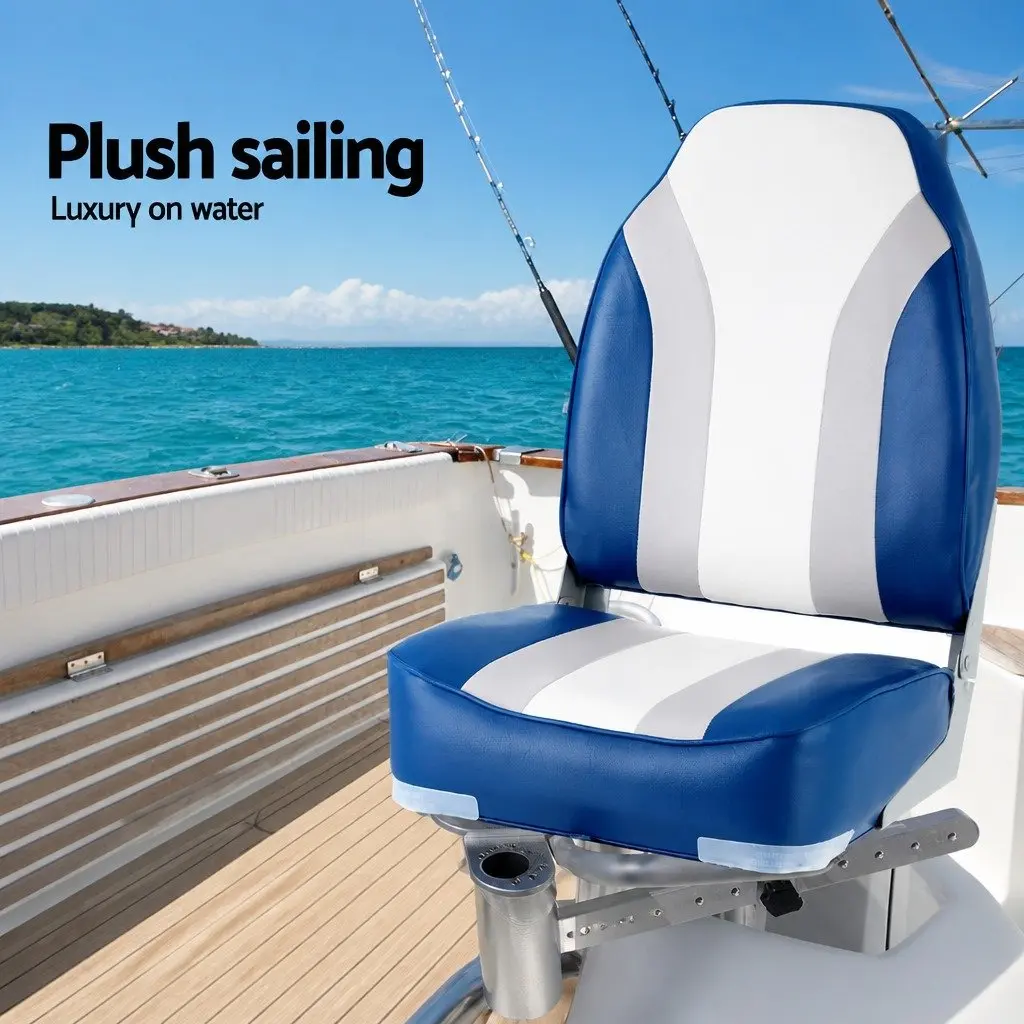 Folding Marine Boat Seats 2 Pack High Back with 12cm Foam Padding Grey Blue