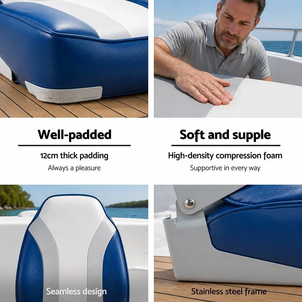 Folding Marine Boat Seats 2 Pack High Back with 12cm Foam Padding Grey Blue