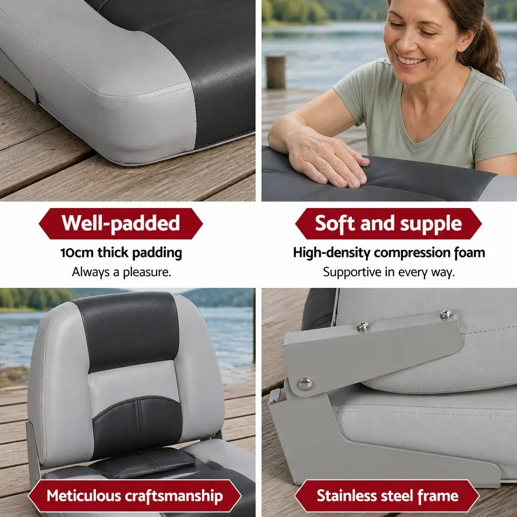 Folding Boat Seats Pair Swivel Low Back Marine Boating Charcoal Grey 10cm
