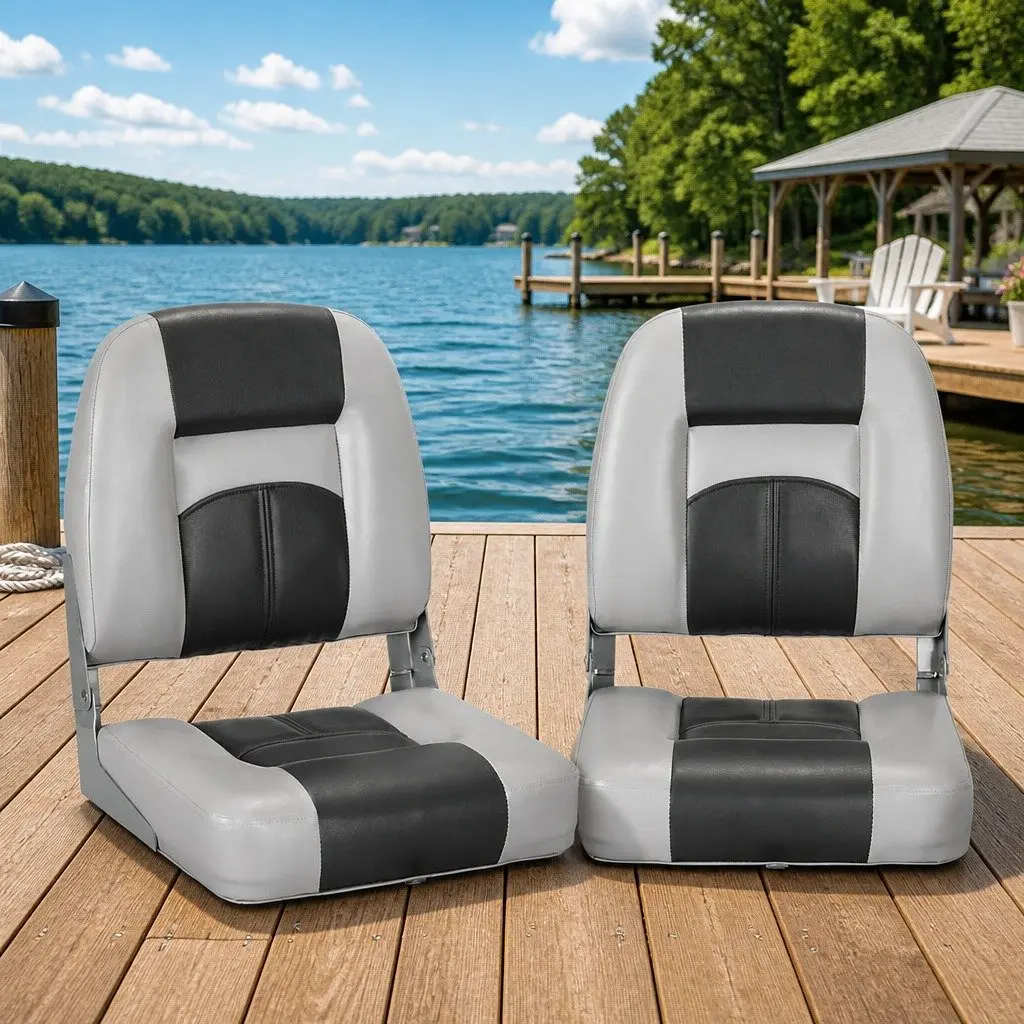 Folding Boat Seats Pair Swivel Low Back Marine Boating Charcoal Grey 10cm