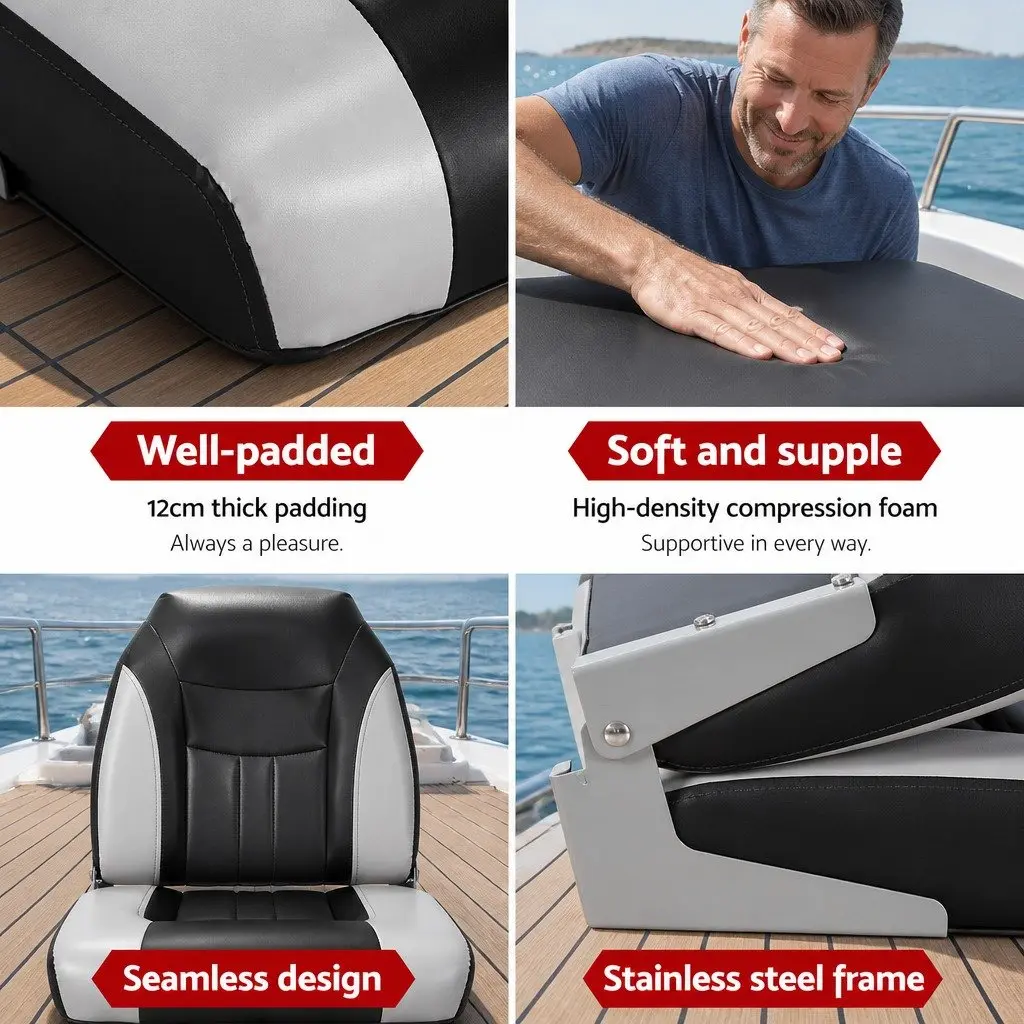 Folding Boat Seats Swivel Marine High Back Padding Grey Black Set of 2 Fishing