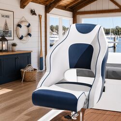 Boat Seat Flip Up Swivel Bolster Captain Chair 15cm Padding Blue White