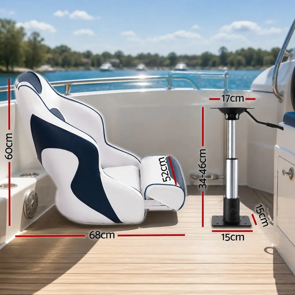 Flip Up Boat Seat Adjustable Height 34-46cm Swivel Pedestal Blue