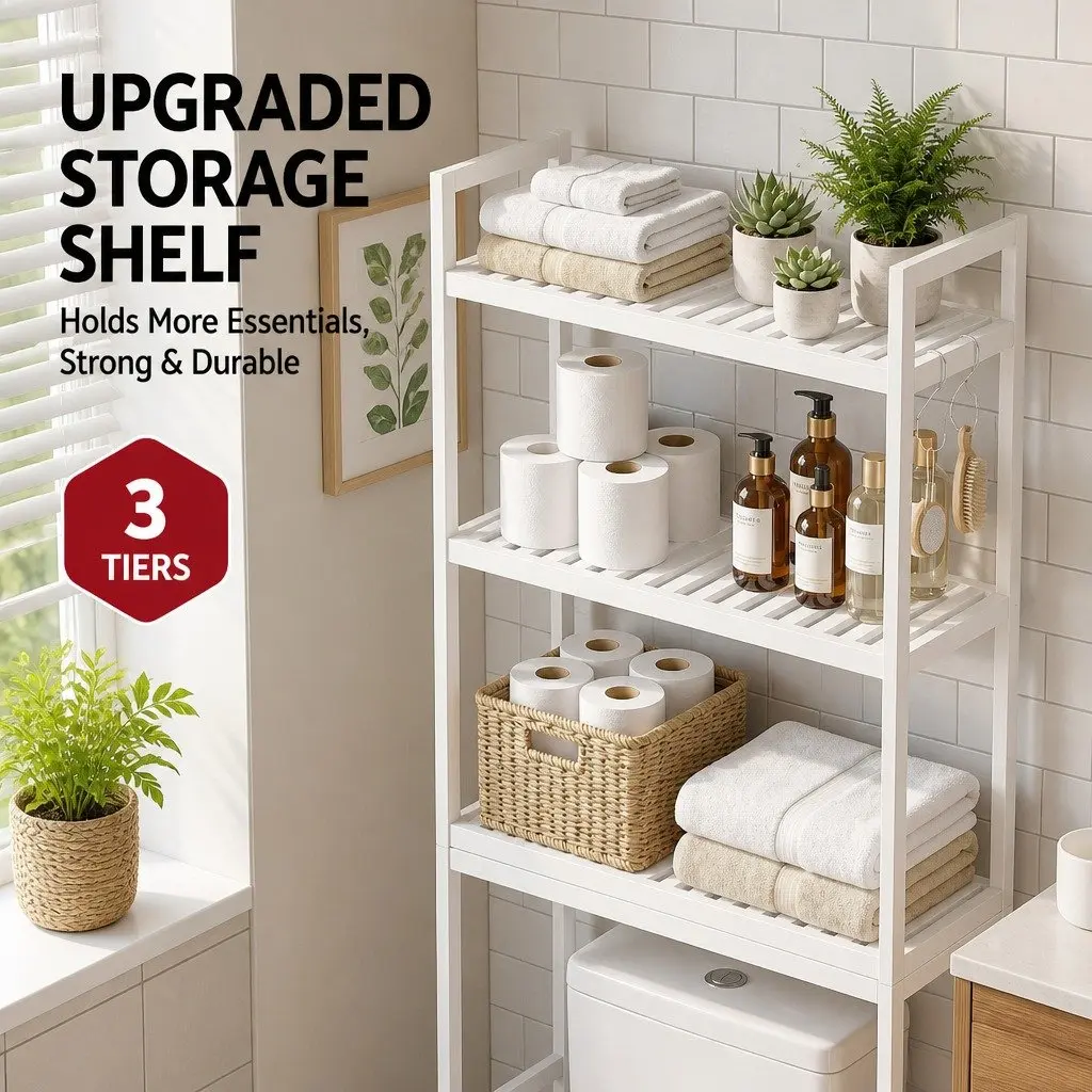 Bathroom Organiser 3 Tier Over Toilet Storage Rack Space Saving White