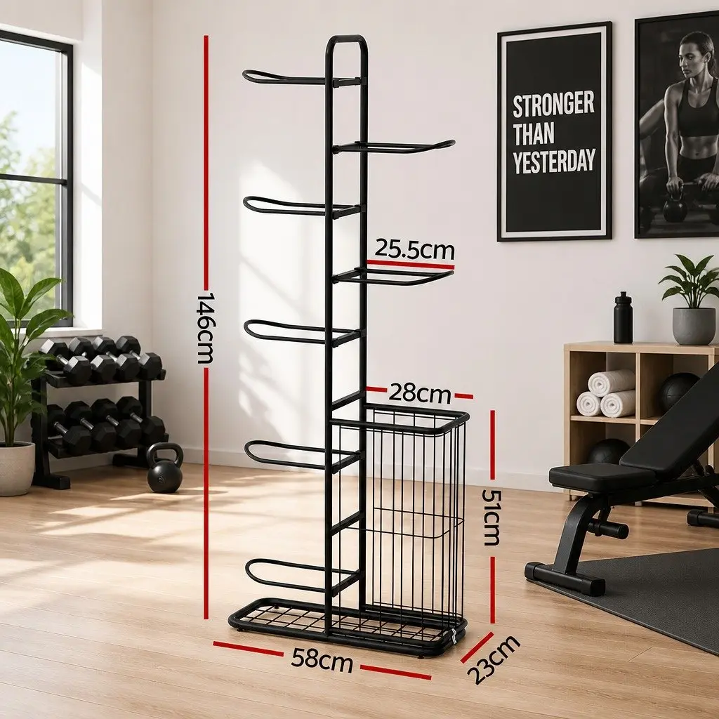 Ball Storage Rack 7-Tier Sports Equipment Organizer with Side Basket Garage Gym