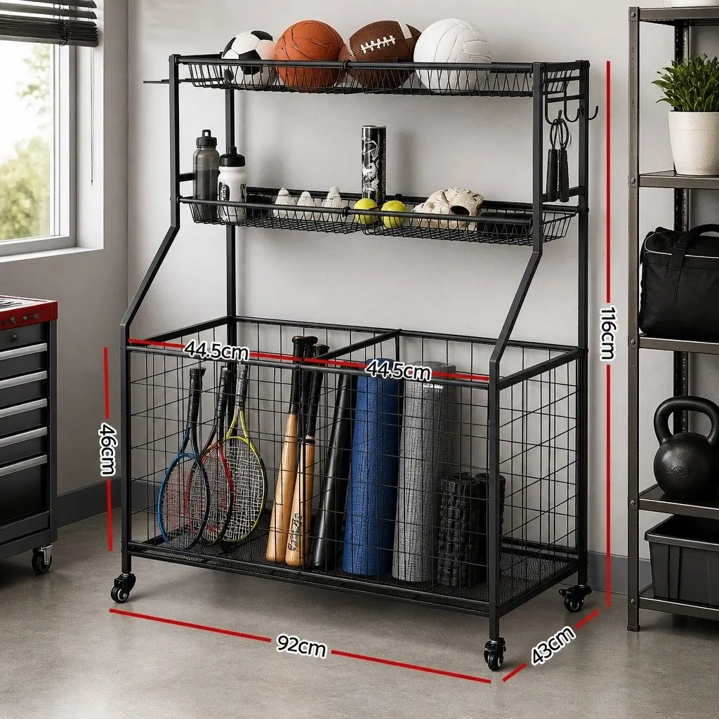 Sports Equipment Organizer Storage Cabinet with Wheels Multi-Sport Vertical Profile 92 x 43 x 116cm