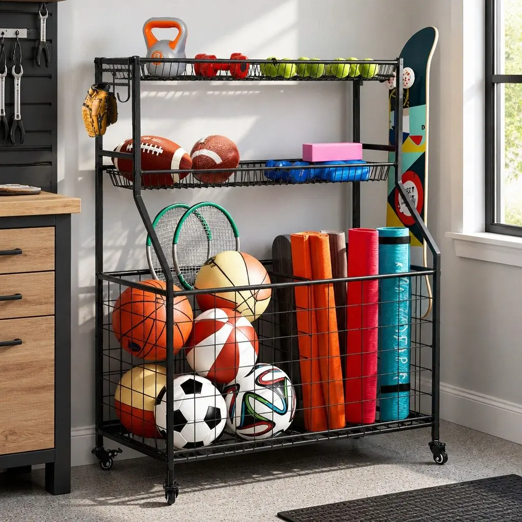 Sports Equipment Organizer Storage Cabinet with Wheels Multi-Sport Vertical Profile 92 x 43 x 116cm