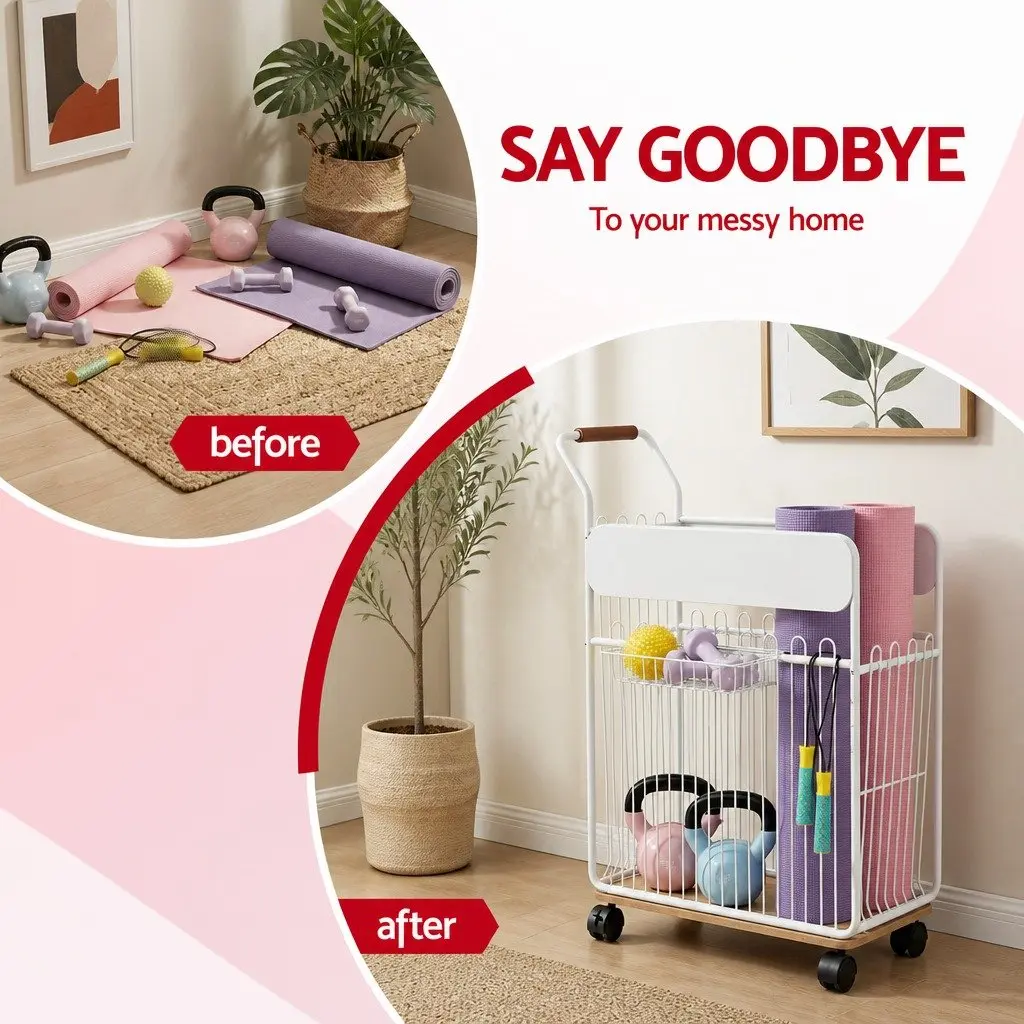 Yoga Mat Storage Rack Mobile Organizer with Wheels Black Iron Frame 50cm x 26cm x 79cm