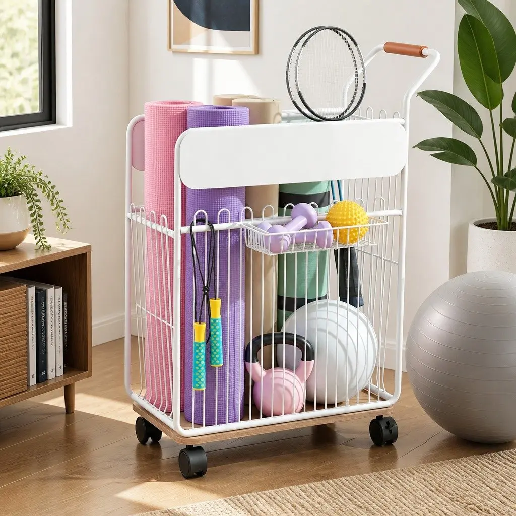 Yoga Mat Storage Rack Mobile Organizer with Wheels Black Iron Frame 50cm x 26cm x 79cm