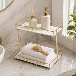 Bathroom Storage Rack 2 Tier Corner Organiser Gold Marble Look Towel Holder
