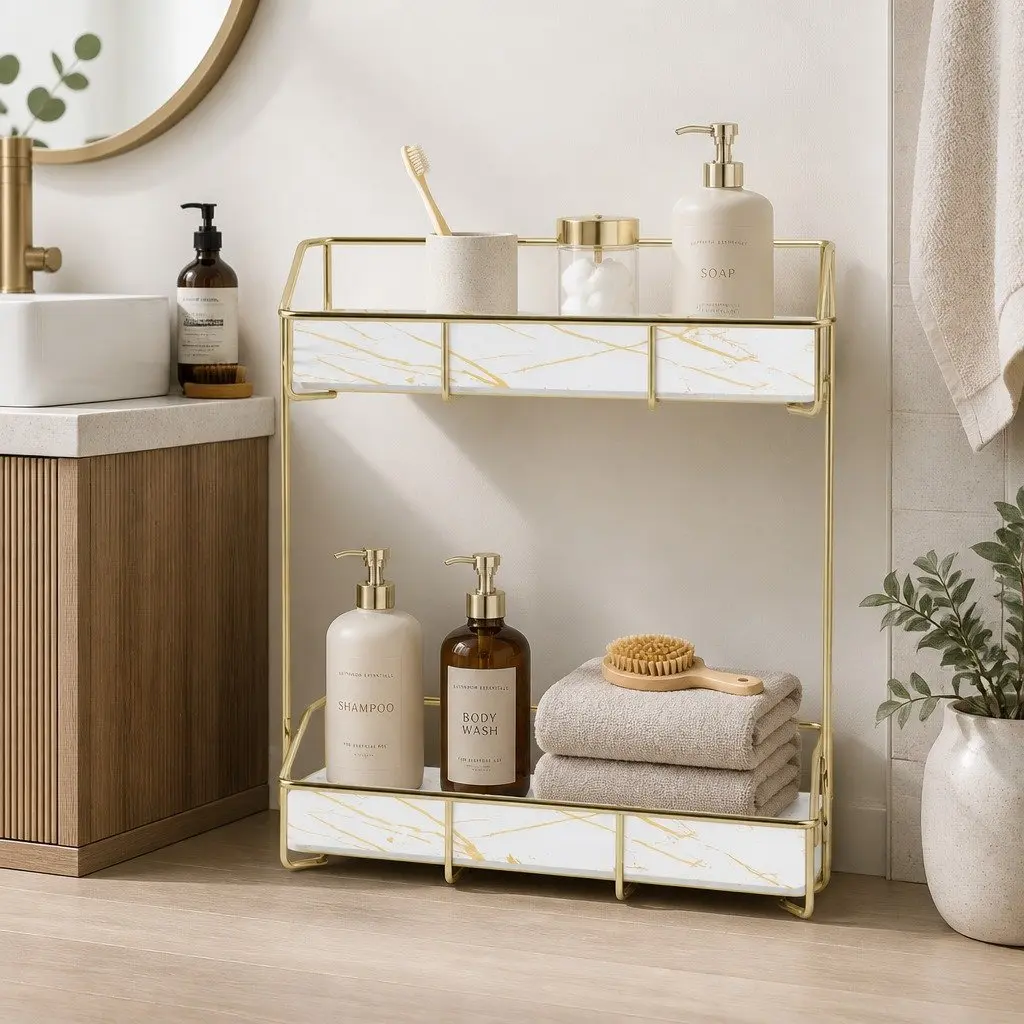 Gold Marble Look 2 Tier Bathroom Storage Rack Corner Organiser Towel Holder