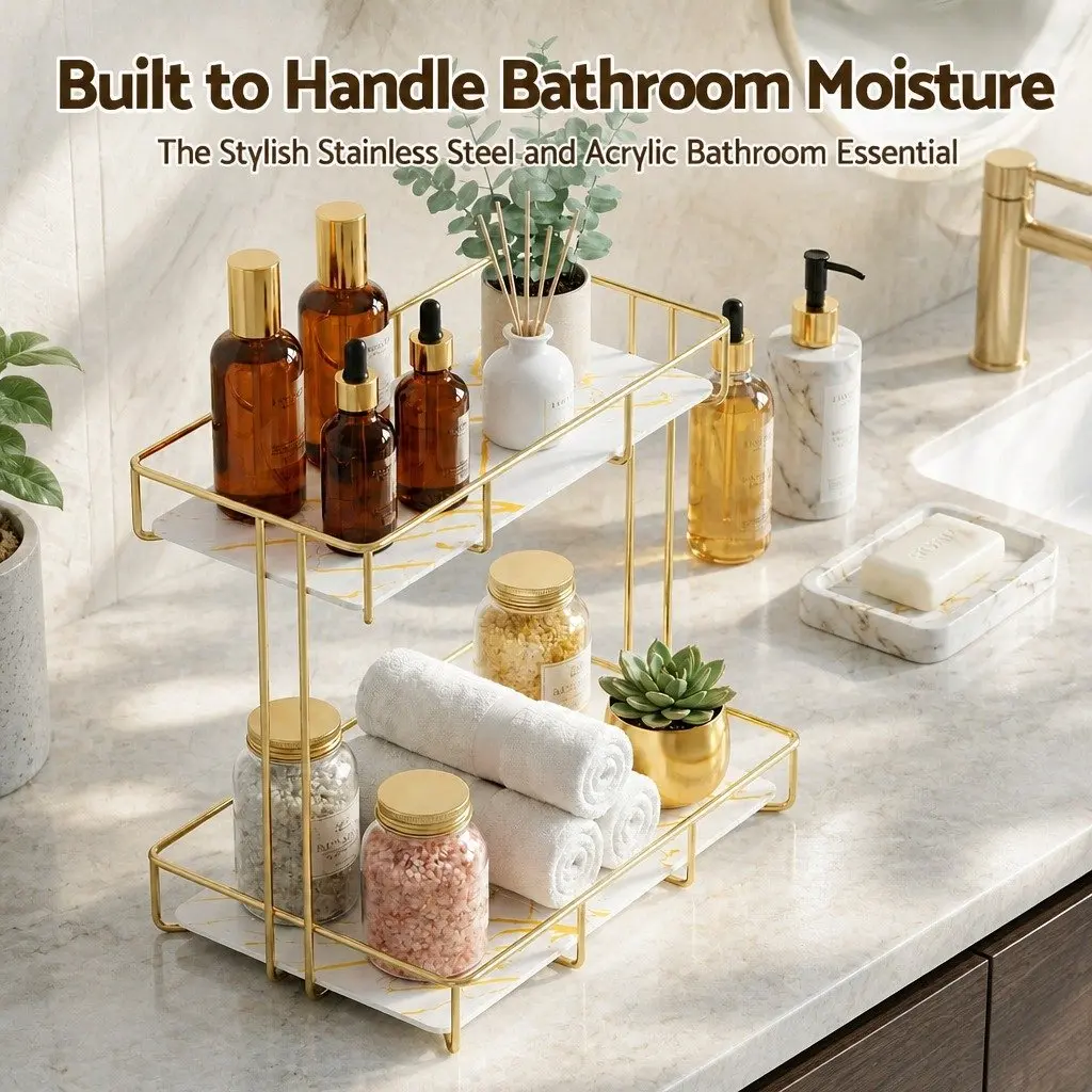Gold Marble Look 2 Tier Bathroom Storage Rack Corner Organiser Towel Holder