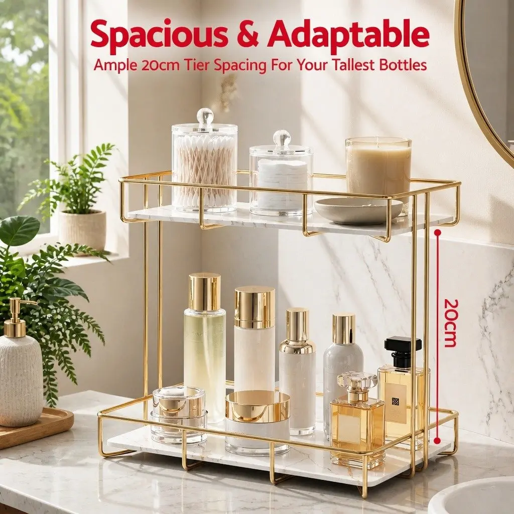 Gold Marble Look 2 Tier Bathroom Storage Rack Corner Organiser Towel Holder