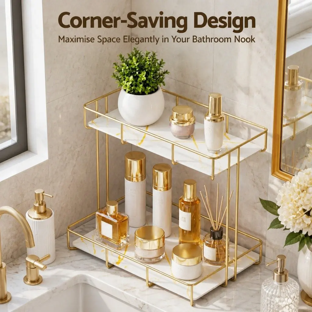 Gold Marble Look 2 Tier Bathroom Storage Rack Corner Organiser Towel Holder