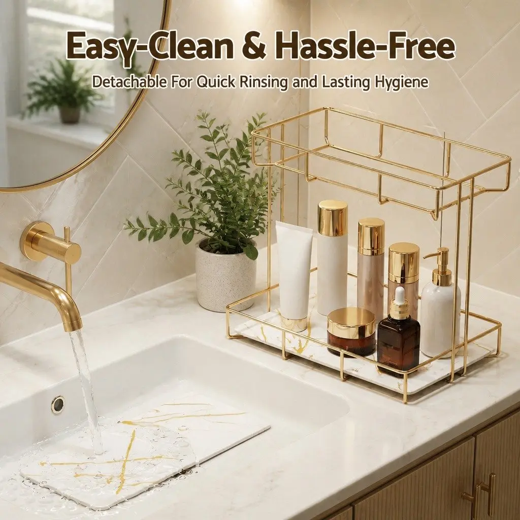 Gold Marble Look 2 Tier Bathroom Storage Rack Corner Organiser Towel Holder