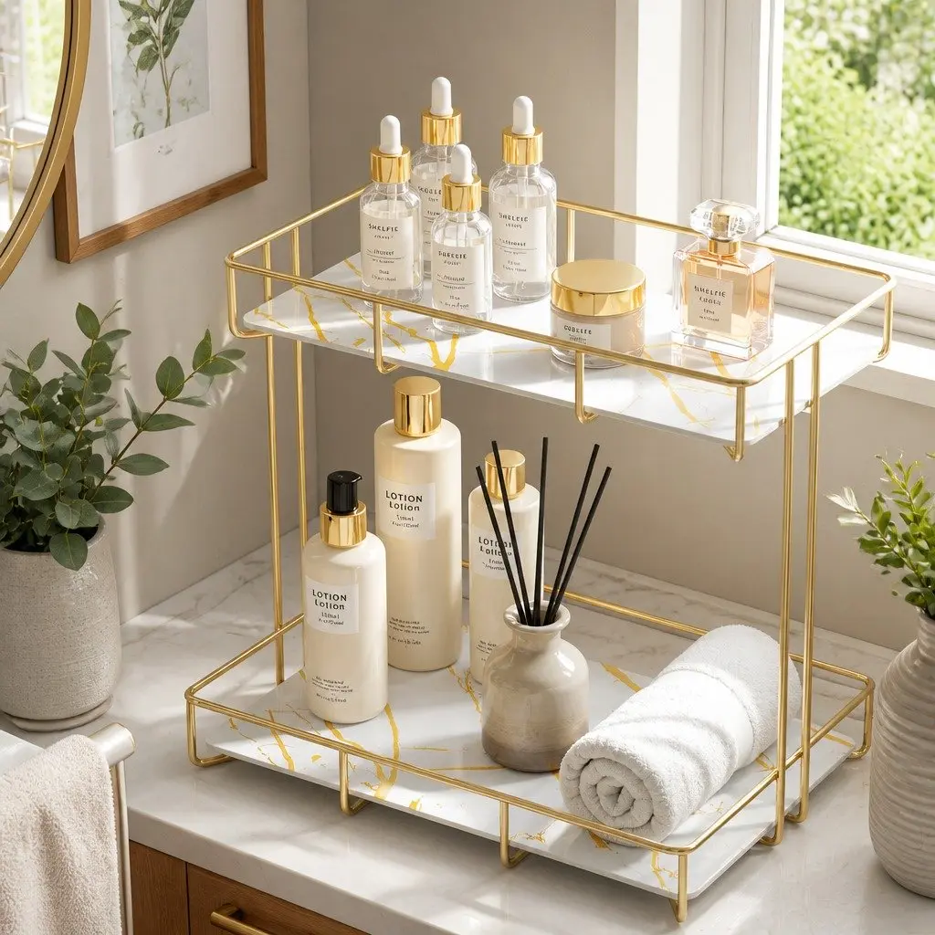 Gold Marble Look 2 Tier Bathroom Storage Rack Corner Organiser Towel Holder