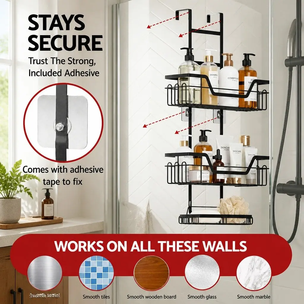 3 Tier Over The Door Shower Caddy Bathroom Storage Organizer Black